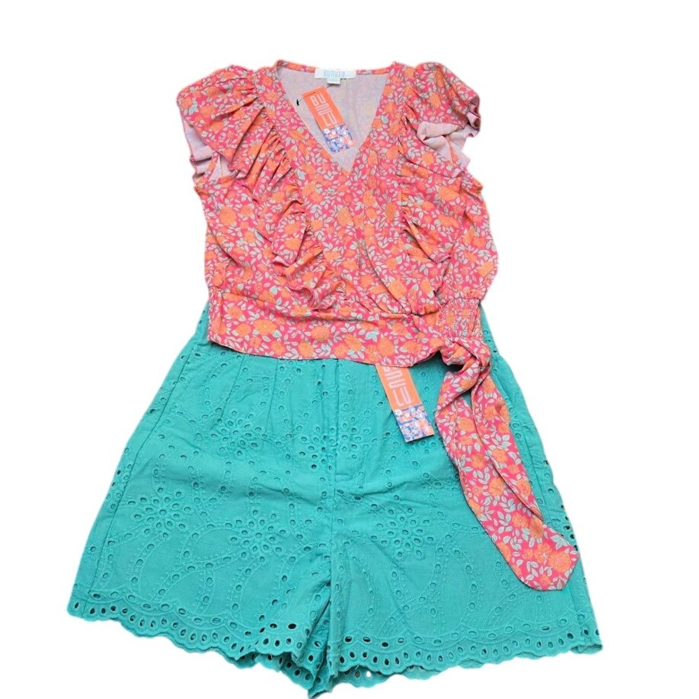 Bunulu Floral Ruffle‎ Top & Eyelet Shorts Set - Sleeveless - Size 10/L